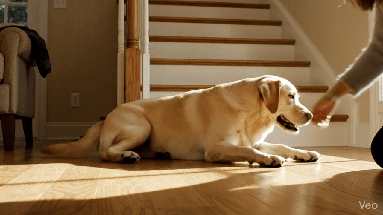 Senior dog sitting at the bottom of stairs, hesitating to climb