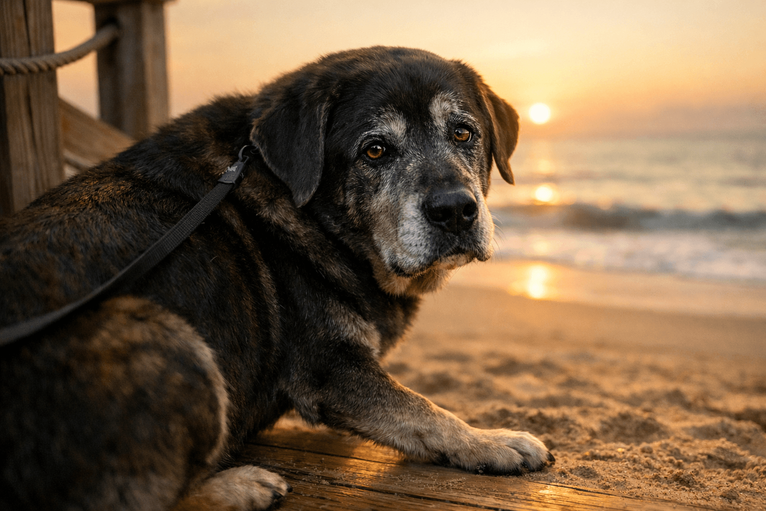 senior dog slowing down at beach boardwalk — older dog pausing before stepping onto sand