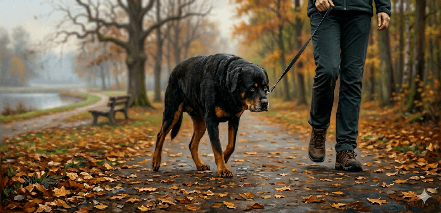 Rottweiler showing signs of hip and joint discomfort during a walk