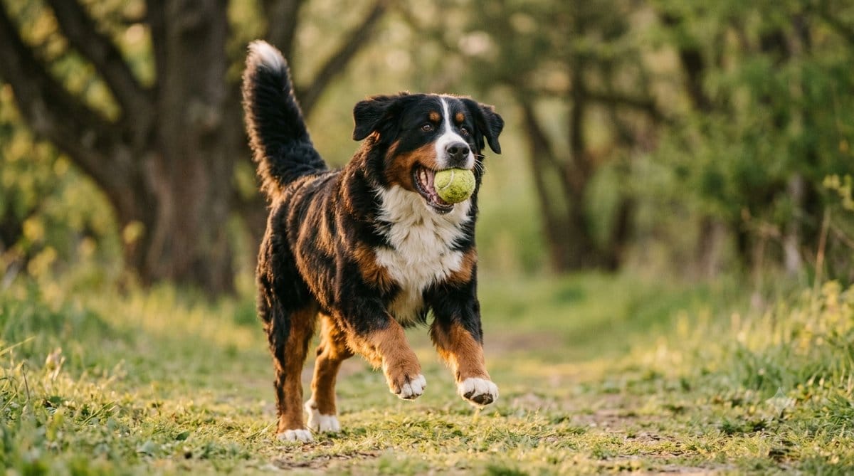 Bernese Mountain Dog running freely โ the payoff of choosing the right glucosamine HCl vs sulfate for dogs