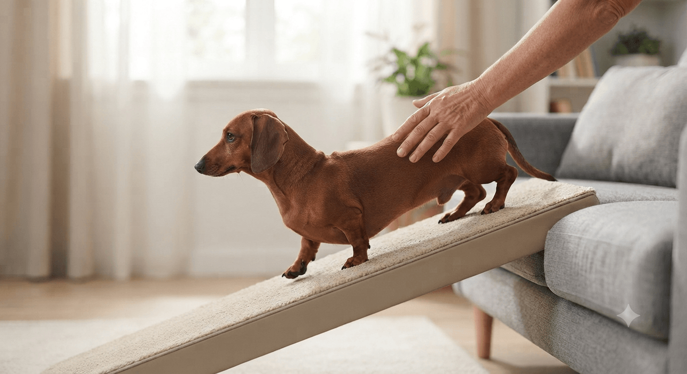 Dachshund using a ramp to protect its back and joints