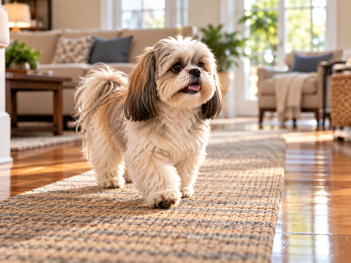 Small Shih Tzu walking on a runner rug over hardwood floor, traction that works alongside a Shih Tzu joint supplement