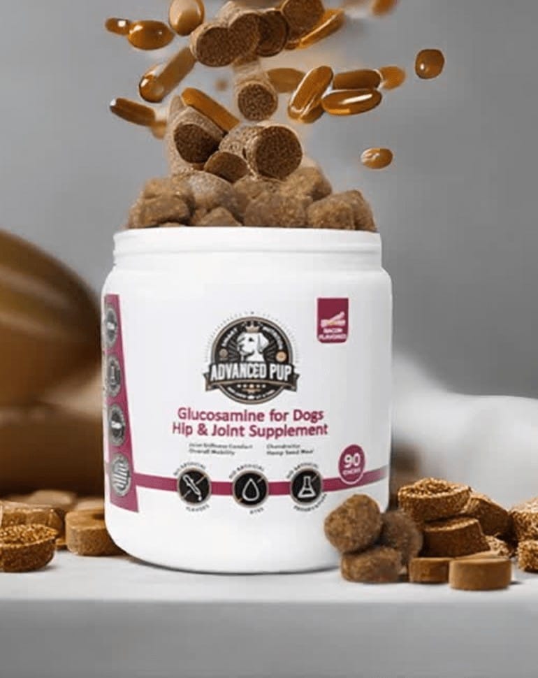 AdvancedPUP bacon-flavoured hip and joint chews spilling from the 90-count bottle